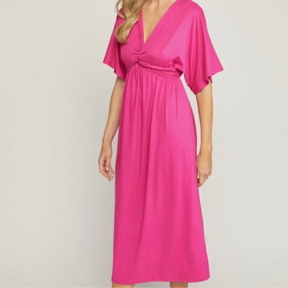 Fuchsia Front Knot Midi Dress